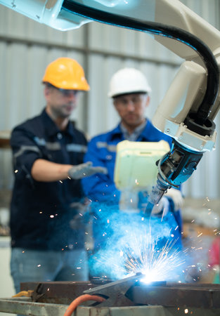 Both of engineers are manipulating a welding robot hand. By combining welding manipulation with a...
