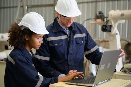 The two engineers check the operation of welding robots. ready to transfer and exchange experiences each other's skillsの写真素材