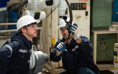 The two engineers check the operation of welding robots. ready to transfer and exchange experiences...