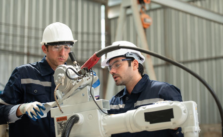 The two engineers check the operation of welding robots. ready to transfer and exchange experiences...