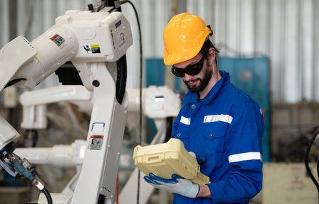 Young male engineers are manipulating a welding robot hand. By combining welding manipulation with a...