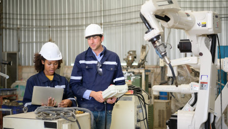 The two engineers check the operation of welding robots. ready to transfer and exchange experiences...