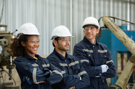 Group of emotional engineers who take pleasure in the achievement of the responsible project's workの写真素材
