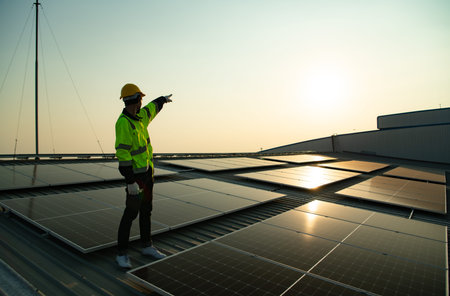 Technicians provide quarterly solar cell maintenance services on the factory roof under the evening...