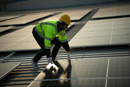 Technicians provide quarterly solar cell maintenance services on the factory roof under the evening...