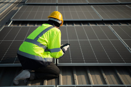 Technicians provide quarterly solar cell maintenance services on the factory roof under the evening...