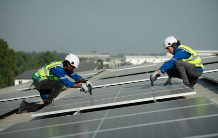 Both of Engineer in charge of solar panel installation The installation of solar energy conversion...