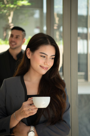Following the meeting, the new generation of entrepreneurs takes a break. To unwind in the relaxation room with hot coffee to boost energy.の写真素材