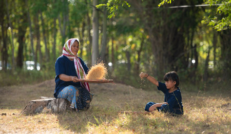 Rural life of Thai farmers More than 70% have to live on farming. Sifting rice with baskets that farmers are doing as shown in the picture is a method of separating rice from the husk.の写真素材