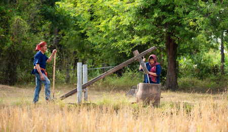 More than 70% of Thai farmers live in rural areas. Pounding rice with a wooden mortar, as shown in the picture, is a way of separating the rice grains from the husks.の写真素材