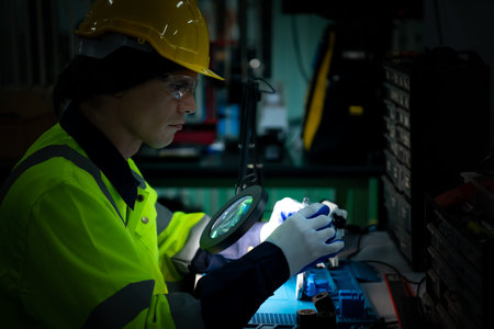 The technician must use bright lights and a magnifying glass to check the detail of the workpiece....