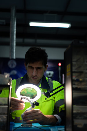The technician use bright lights and a magnifying glass to check the detail of the workpiece. the 3D...
