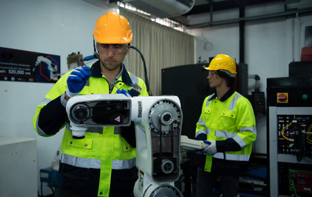 A big welding robot is being inspected and controlled by a robotics engineer. After the machine has...