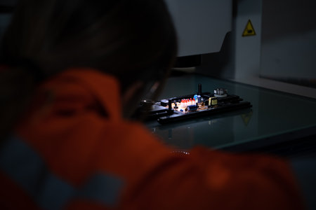 Female engineering and a small circuit board to be installed in a robotic hand. to serve as an intermediary for receiving and sending A set of instructions for the robot hand work automatically.の写真素材