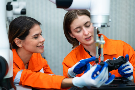In an electronic parts facility, two female engineers In the plant, inspecting and testing robotic...