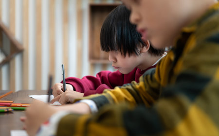 A group of students from an international school that promotes creativity and places children at the center of learning in a variety of subjects.の写真素材
