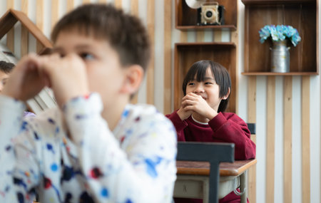 A group of students from an international school that promotes creativity and places children at the center of learning in a variety of subjects.の写真素材