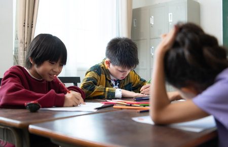 A group of students from an international school that promotes creativity and places children at the center of learning in a variety of subjects.の写真素材