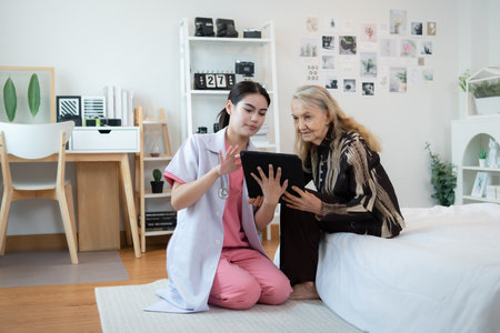 Caregiver for an elderly woman Weekly check-ups at the patient's residence. Ready to give medical advice and talk about various stories, exchange each other happily.の写真素材