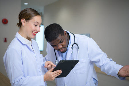 Both of doctors are analyzing the patient's MRI results on tablet to share ideas and discover new...