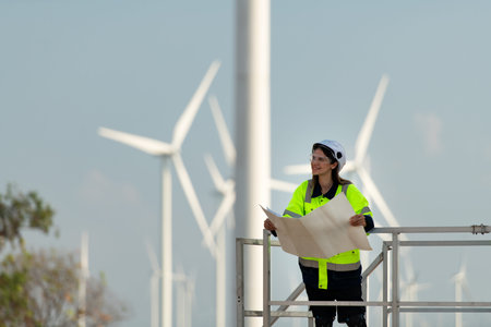Portrait of female engineer at Natural Energy Wind Turbine site with the mission of being...