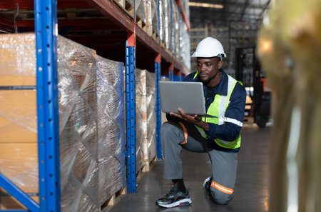 Head of worker in an auto parts warehouse, Examine auto parts that are ready to be shipped to the...