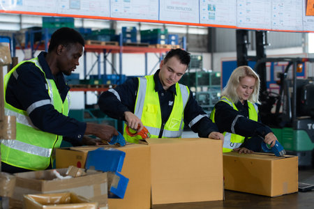 Group of worker in auto parts warehouse Packing small parts in boxes after inspecting the car parts that are ready to be sent to the car assembly plant.の写真素材