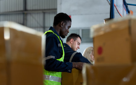 Group of worker in auto parts warehouse Packing small parts in boxes after inspecting the car parts...
