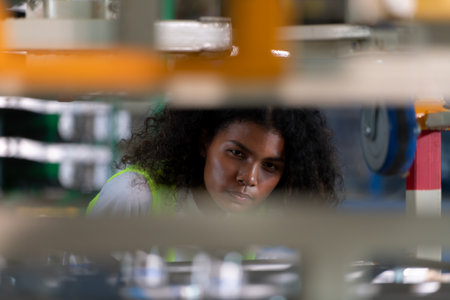 Female worker in an auto parts warehouse, Examine auto parts that are ready to be shipped to the automobile assembly factory.の写真素材