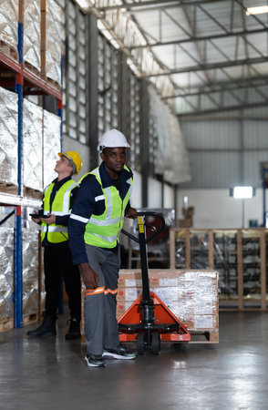 Worker in auto parts warehouse use a handcart to work to bring the box of auto parts into the storage shelf of the warehouse waiting for delivery to the car assembly lineの写真素材