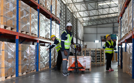 Worker in auto parts warehouse use a handcart to work to bring the box of auto parts into the storage shelf of the warehouse waiting for delivery to the car assembly lineの写真素材