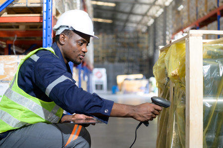 Head of worker in an auto parts warehouse, Examine auto parts that are ready to be shipped to the...