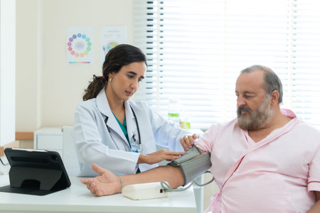 The doctor measures the patient's blood pressure. to see the progress of the patient's illness in...