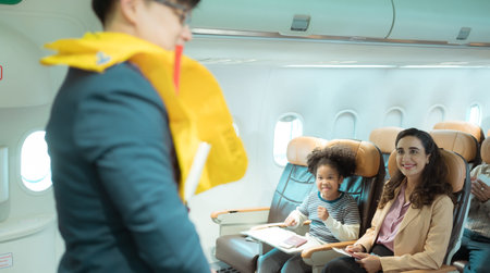 Flight attendants show how to use safety devices and recommend emergency exits.