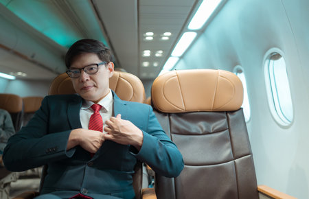 Flight attendants give advice on safety when in the plane. Advise customers to turn off mobile phone service.の写真素材