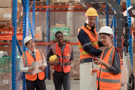 Managers, foremen and warehouse workers Consult together about getting the goods out of the warehouse to finish sending the small merchants tonight.の写真素材