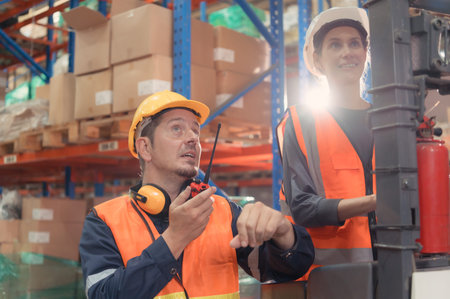 Manager with foreman discuss about the equipment used to move goods in the warehouse.