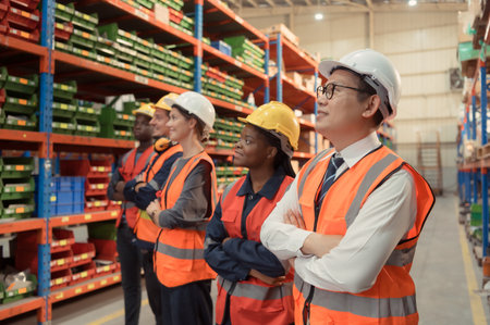 Portrait of Group employees in a warehouse, Consisting of Warehouse supervisors Distribution Manager and Warehouse Specialistの写真素材