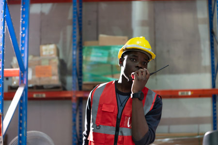 Portrait of warehouse workers in a large warehouse with their own preparation for the day's workの写真素材