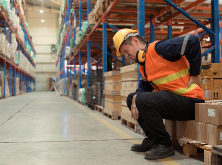 Back pain often occurs with employees who work in warehouses, Because they have to pull, lift, and push goods throughout the day of work.の写真素材
