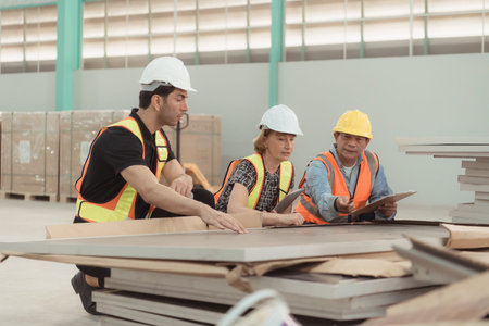 Meeting between designer and warehouse manager to organize the arrangement of product shelves in a huge, empty warehouse and investigating the solar panels that will be installedの写真素材