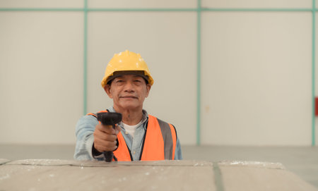 Workers inspect the new warehouse's products. Use barcode scanners to check the products that will be used in the warehouse shelf structure.の写真素材