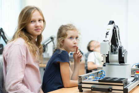 Children using the hand robot technology and having fun Learning the electronic circuit board of hand robot technology, which is one of the STEM courses.の写真素材