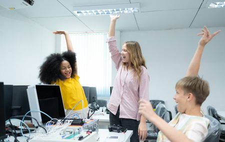 Children using the hand robot technology and having fun Learning, Students are studying technology, which is one of the STEM courses.の写真素材