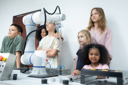A group of students in a STEM classroomの写真素材