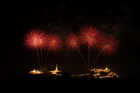 Fireworks above the mountain with the ancient royal palace known as "Phra Nakhon Khiri," Phetchaburi Province, Thailand, create a city of heaven's splendour.の写真素材