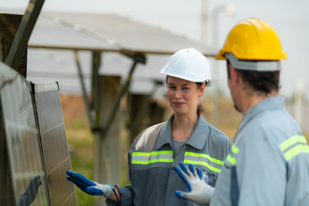 Team of engineers and technicians Must repair the solar panels according to the daily inspection schedule. To keep repairing and checking the efficiency of the solar cell panelsの写真素材