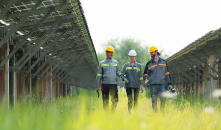 Engineering and technicians unloading repaired solar panels to be installed on the rows of solar...