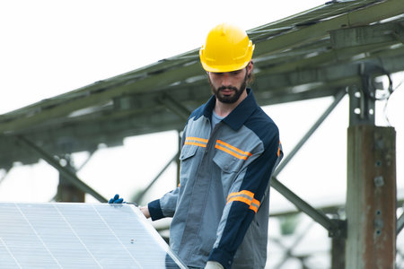 Engineering and technician unloading repaired solar panels to be installed on the rows of solar cells lined up on hundreds of acres of grassの写真素材