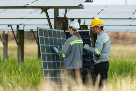 Team of engineers and technicians Must repair the solar panels according to the daily inspection schedule. To keep repairing and checking the efficiency of the solar cell panelsの写真素材